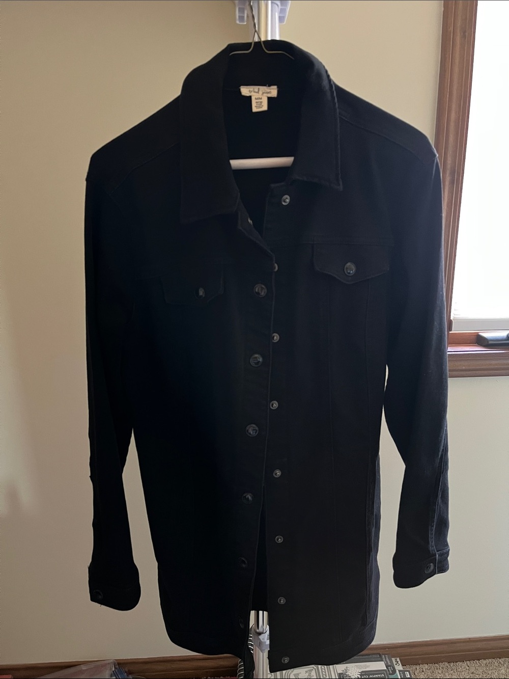 Tribal Mid-Thigh Black Jean Jacket Button-Front